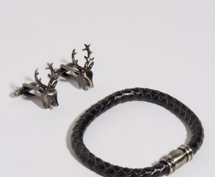 Simon Carter Stag Cufflinks & Leather Bracelet Gift Set